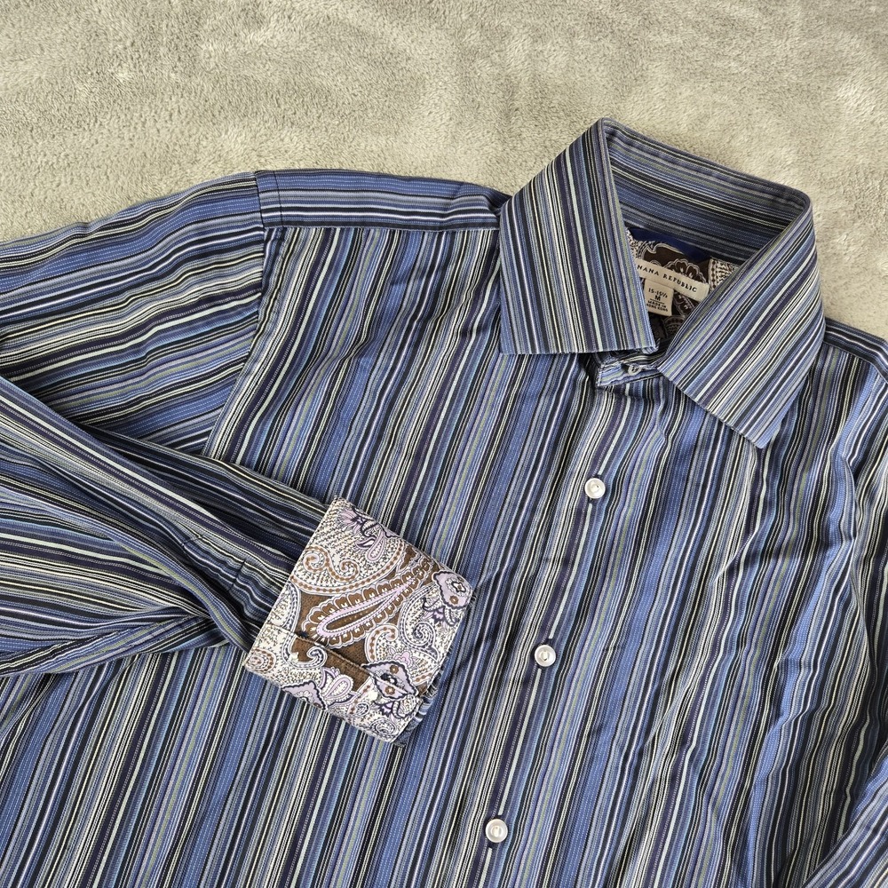 Vintage Banana Republic Shirt Mens Medium 15/15.5‎ Blue Striped Contrast Cuffs